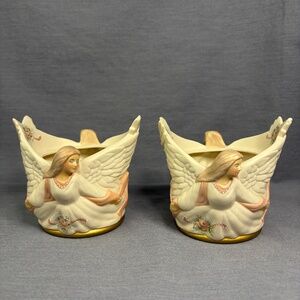 Scioto Ceramic Angel Handpainted Candle Holder Planter Signed Vintage Pair 1996